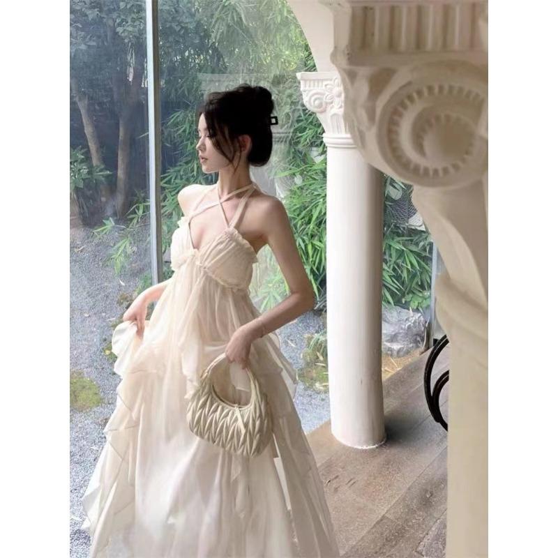 Heavy Industry Neck Sling Dress Women's Summer Long Dress Photo Backless Seaside Vacation Beach Dress Apricot Other