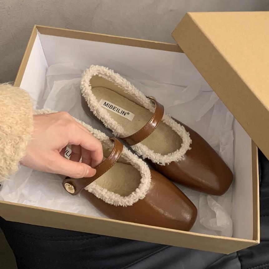 Flat autumn and winter plush cotton shoes single shoes women's shoes new square head black Mary Jane evening shoes