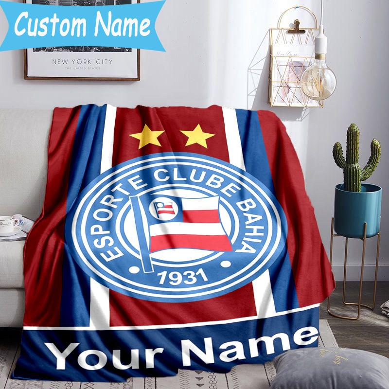 Custom Name Bahia Fc Crest Design Flannel Blanket, Use for Birthday/Holiday Gift, Soft Blanket for Sofa/Bed/Camping/Office, Home Decor