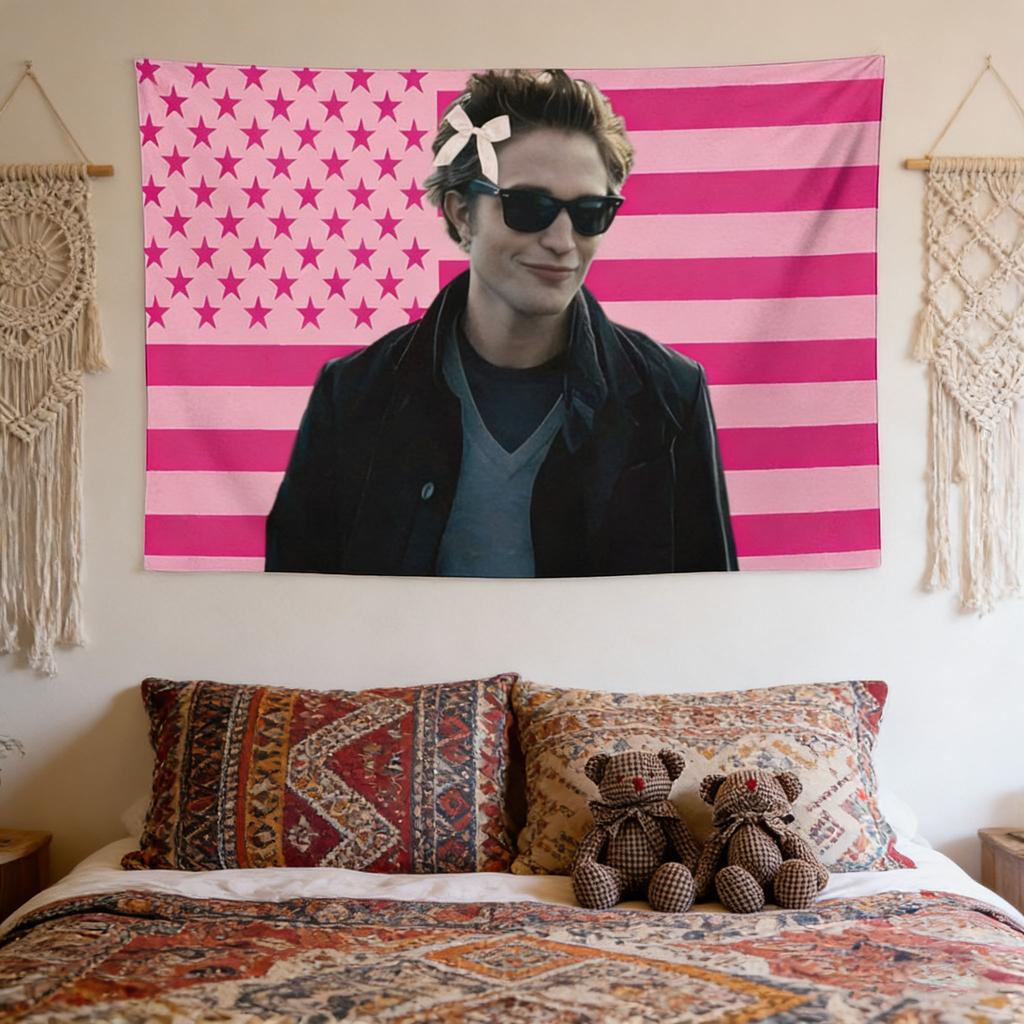 Edward Cullen USA Flag Tapestry Pink White Striped Star Design Wall Decor for Bedroom Living Room Dorm