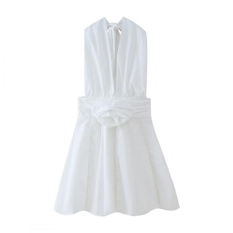 

European American Women s Clothing Summer Pearl Flower Hanging Neck Collar Short Dress M
