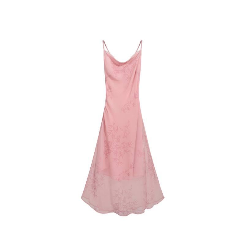 2026 Spring/Summer Pink Bamboo Rhyme Spaghetti Strap Long Dress for Women