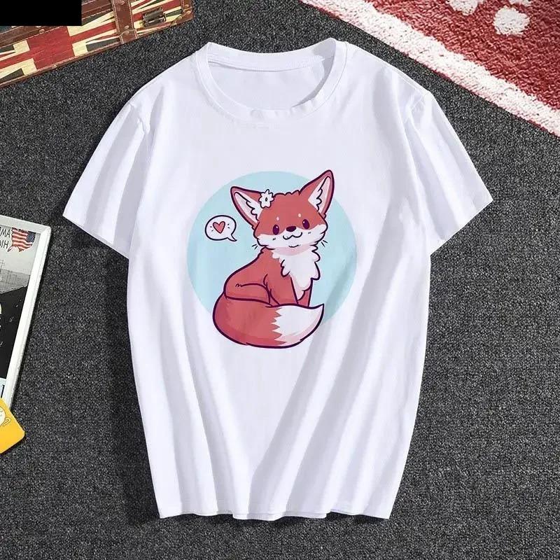 Kawaii Fox Print Ladies Tshirt Ladies Casual Basis Ocollar White T Shirt Short Sleeve Ladies Tshirt Cute Animal Graphics Tops