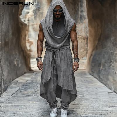 Two Picecs Men Sleeveless Solid Hooded Waistcoat Ruffled Irregular Pants Sets