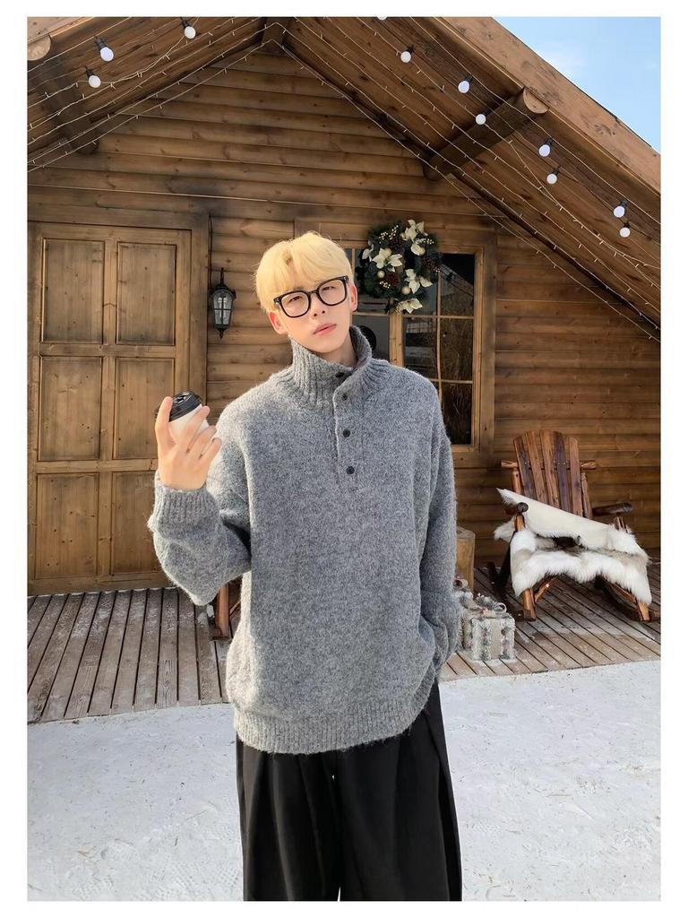 Men's Korean-Style Half-High Collar Textured Knit Sweater - Loose Fit for Autumn/Winter