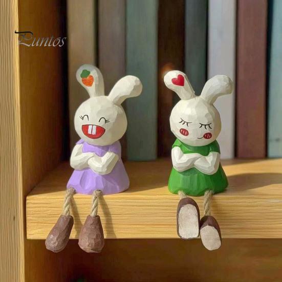 Healing Style Room Accents Leggy Rabbit Figurine Ornament, Handcrafted Basswood Desktop Sitting Small Animal Collectibles Bunny, Creative Ornament for