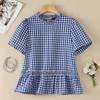 Women Casual Round Neck Plaid Print Loose Short Sleeve Blouse