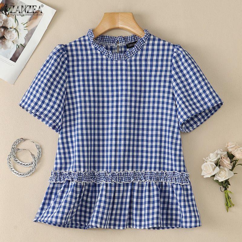 ZANZEA Women Casual Round Neck Plaid Print Loose Short Sleeve Blouse