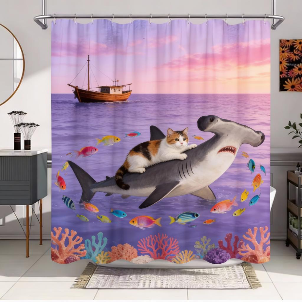 Unique Cat Riding Shark Shower Curtain - Waterproof, Mildew-Resistant With Ocean Adventure Design For A Quirky And Fun Bathroom