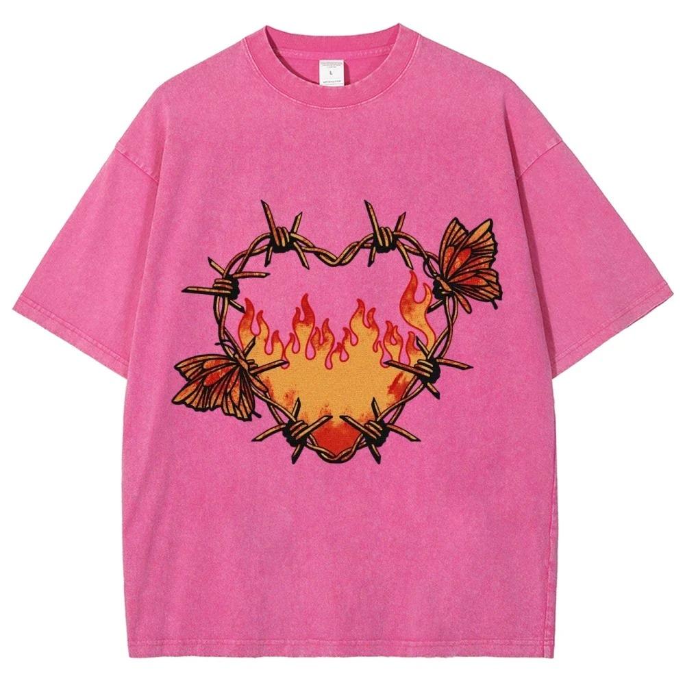 Women Heart Print Washed T shirt Female Man s Fashion Clothes Elastic Comfortable Short T-Shirtcasual Soft Short Sleeves S разноцветный