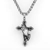 Vintage Praying Hands Cross Pendant Necklace For Men Punk Stainless Steel Jewelry