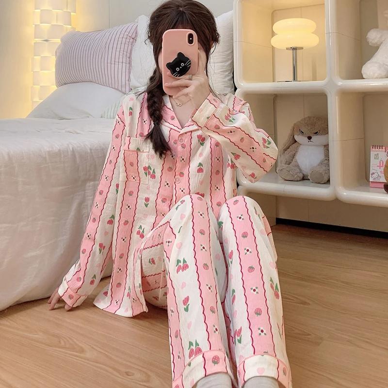 Sweet Girl Cute Women's Pajamas Set Tulips Striped Print Nightwear Women Pajama Button Design New Sleepwear