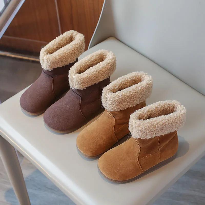 2024 Children Short Boots for Girls Winter New Fashion Korean Style Soft Bottom Versatile Anti-slippery Chic Plush Leather Shoes