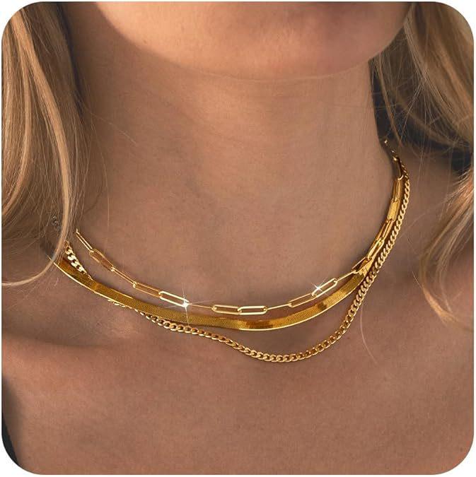 Ensemble de Colliers Ras du Cou Multicouches Plaqué Or pour Femmes - 3 Pièces Chaînes Minimalistes Cubaines et Trombone