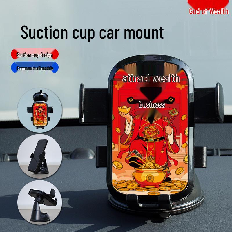 

God of Wealth Car Phone Holder: Creative Suction Cup Stand with One-Button Lock for Universal Navigation