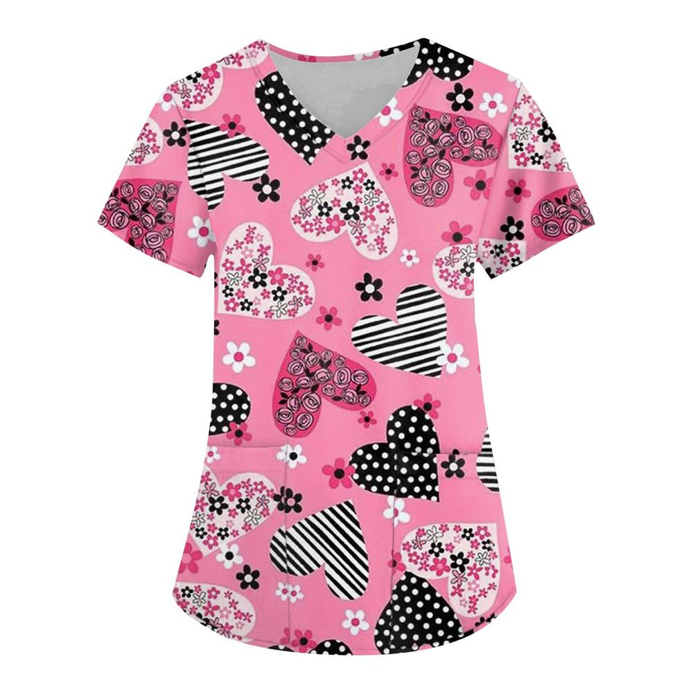 Uniforms Women Medical Elegant Heart Print Obstetrics Medico Top Fashion V-Neck Short Sleeve with Pocket Clinical Uniforms Woman