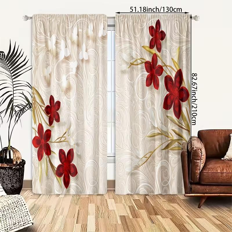 2 Stück Rote Vorhänge mit Blumen- und Schmetterlingsmuster, Design für Wohnzimmer, Schlafzimmer, Heimfensterdekoration, Vorhänge mit Stangentasche