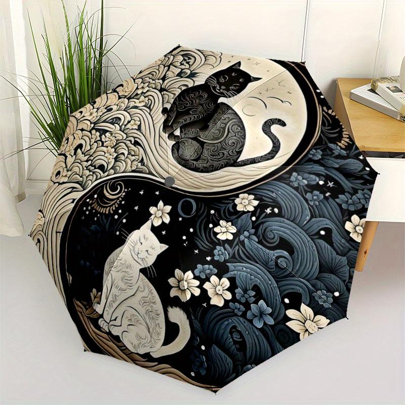 

1pc Black & White Cat Ying Yang Cat Automatic Opening and Closing Umbrella - Lightweight 3-Fold Design, Suitable for Fans, Travel, Daily Use - Of