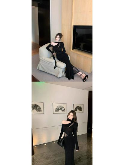 Women's Black One-Shoulder Lace Patchwork Long Sleeve Bodycon Dress for Spring/Autumn