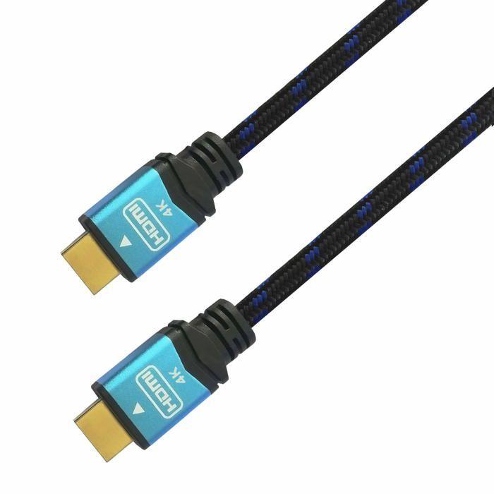 Câble HDMI tressé - AISENS - 2 m - Noir/Bleu - Connecteurs HDMI Type A - Blindage multiple - Revêtement nylon - 19 pins