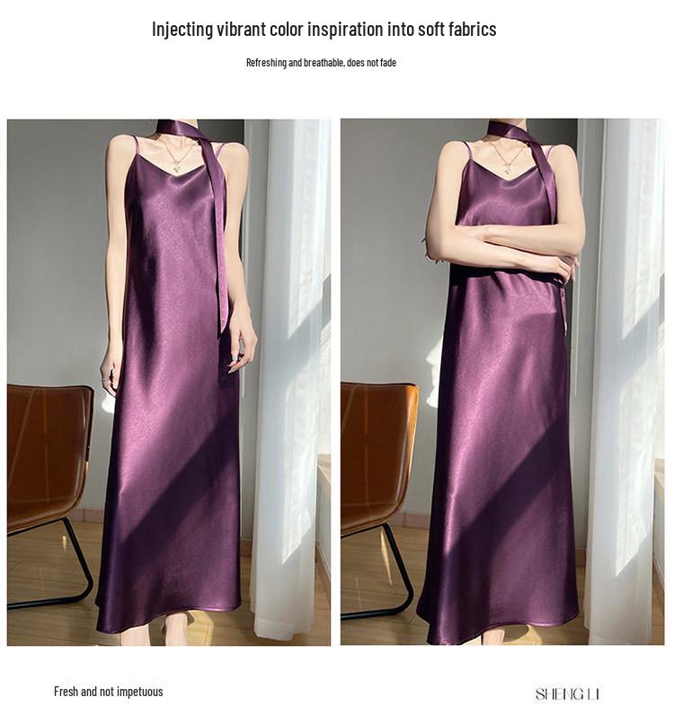 Elegant French V-Neck Spaghetti Strap Satin Dress with Slimming Design