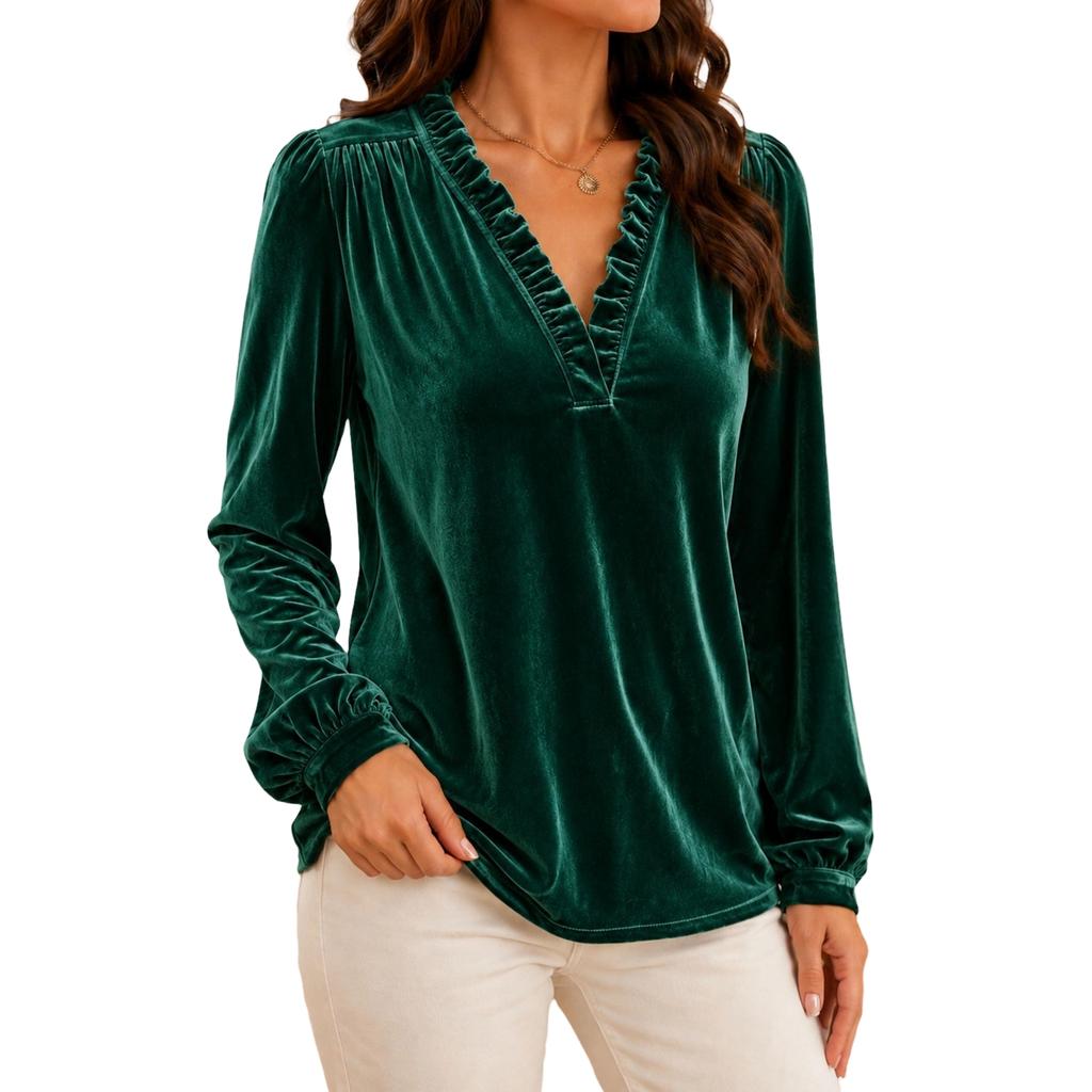 Women's Long Sleeve Velvet V-Neck Casual Blouse Top