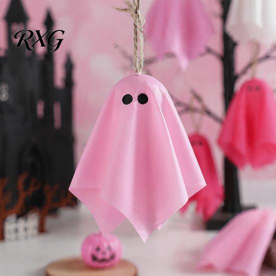 Halloween Party Background Decor Ghost Hanging Decor, Pastel Pink White Soft Fabric Ornaments, Cute Spooky Home Aesthetic