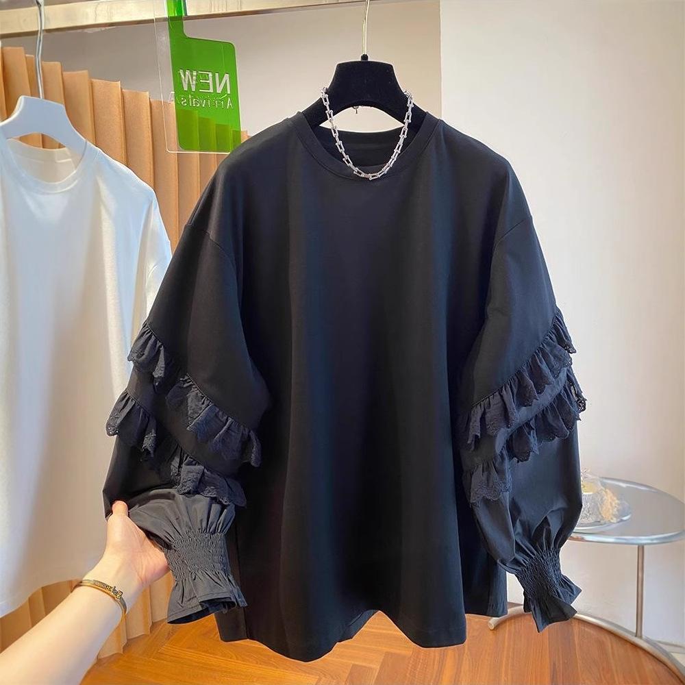French super fairy lace fungus edge splicing T-shirt women's long sleeves 1116 new loose casual beautiful crew neck top