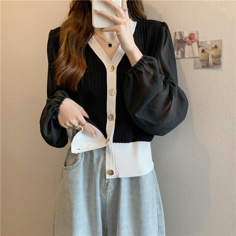 New Korean Style Lazy Loose and Versatile V-neck Chiffon Long-sleeved Sweater Cardigan Top for Women