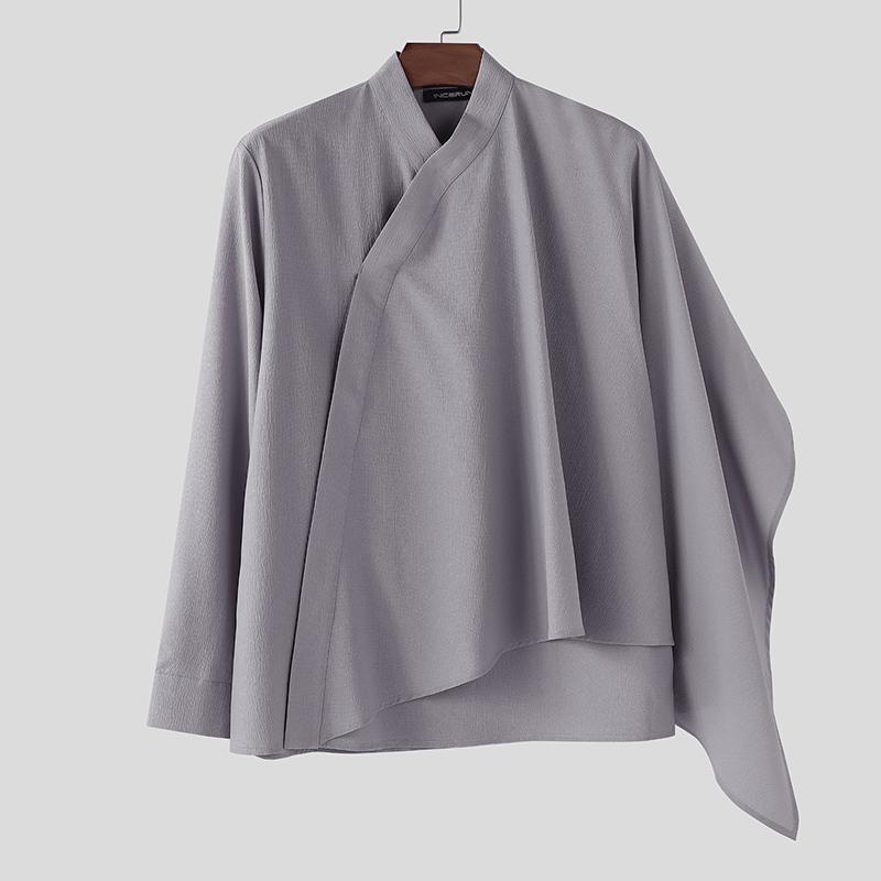 

INCERUN Men Long Sleeve Ruffled Layers Patchwork Casual Cape Shirts 3XL серый