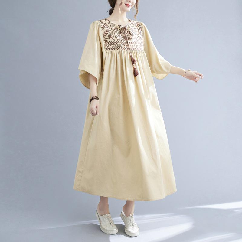 2025 Summer Plus Size Elegant Women's Ethnic Embroidery Ruffle Sleeve Dress