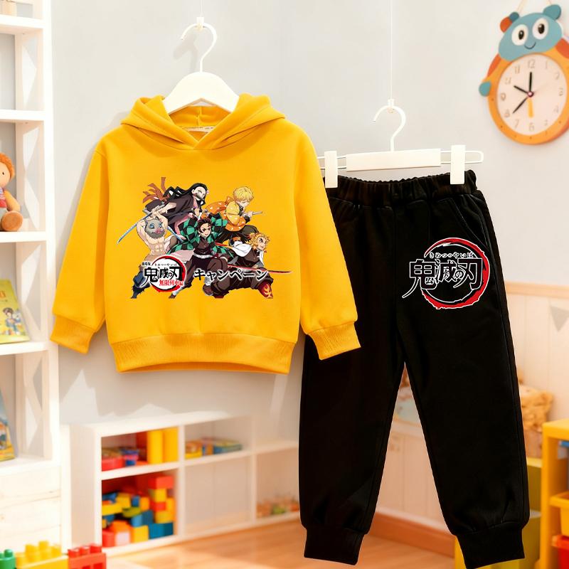Felpa con Cappuccio e Pantaloni Anime Demon Slayer Set per Bambini Felpa con Cappuccio Giacca Pantaloni Set Ragazzi Ragazze Top Pullover Autunnale Abbigliamento Regalo