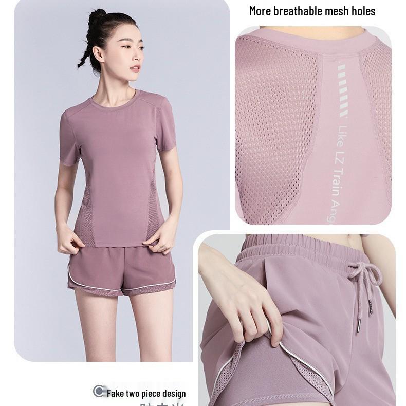 Women's Summer Yoga Outfit: Quick-Drying Short-Sleeve Top, Stretchy Mesh, Fashionable and Lightweight Fitness Wear for Morning Runs.