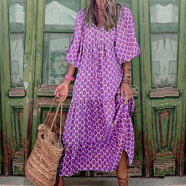 2022 Summer Trendy Geometric Puff Sleeve Dress, Plus Size Women's Fashion.