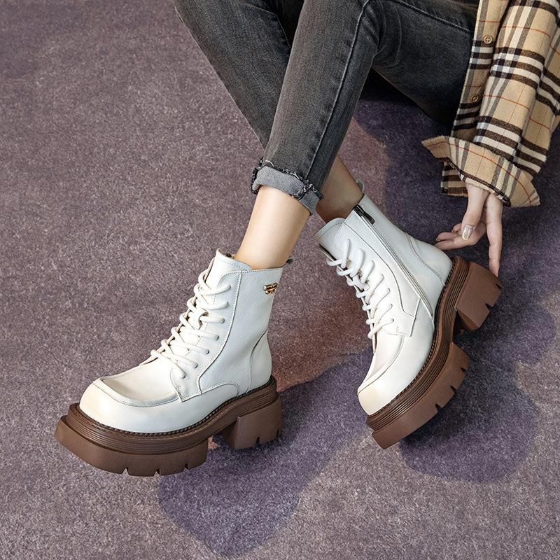 The First Layer of Cowhide Martin Boots for Women In the Autumn and Winter of 2025, the New Retro Lace-up Leather Thick-soled Muffin Leather Boots for