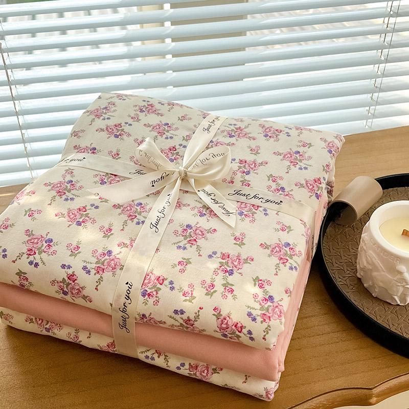 Ins Floral Print Bedding Set Knitted Cotton Flat Sheet Set Four Pieces Duvet Cover Double Layer-yarn 4Pcs Lovely Fitted Sheet