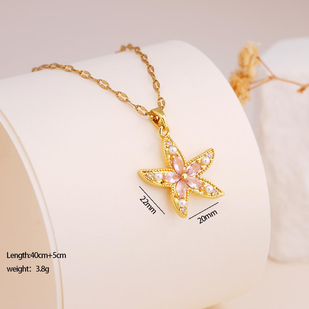

Sweet Colorful Zircon Imitation Pearl Starfish Pendant Necklace Stainless Steel Chain Boho Cute Jewelry Gift for Women Teen Girl