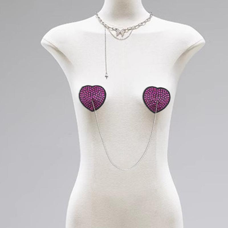Women Adhesive Nipple Cover Rhinestones Heart Pasties with Metal Chain Reusable Chest Stickers Breast Cover Bra Petals