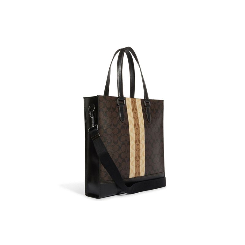 Coach Graham Slim Brief Striped Monogram Faux Leather Tote Shopping Bag Crossbody Handbag Men Tote Bags Brown 6707-QBMAA