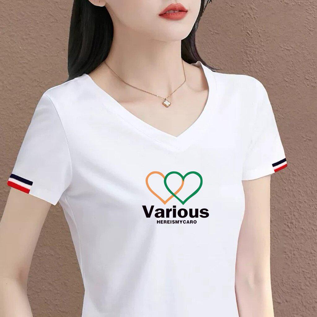 

Women s Versatile White V-Neck Short-Sleeve T-Shirt with Color Blocked Cuffs and Letter Print L