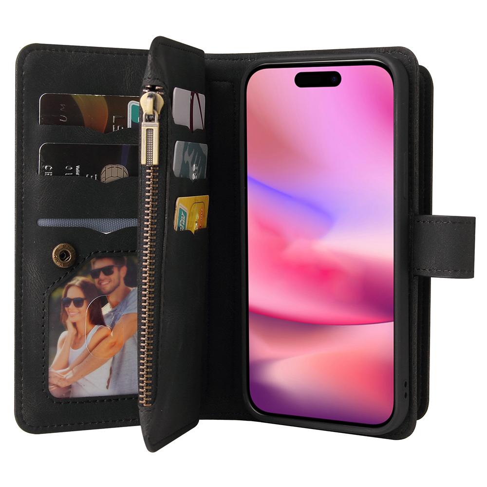For iPhone 16 Zipper Wallet Case with 15 Card Slots and Strap Leather Phone Cover
