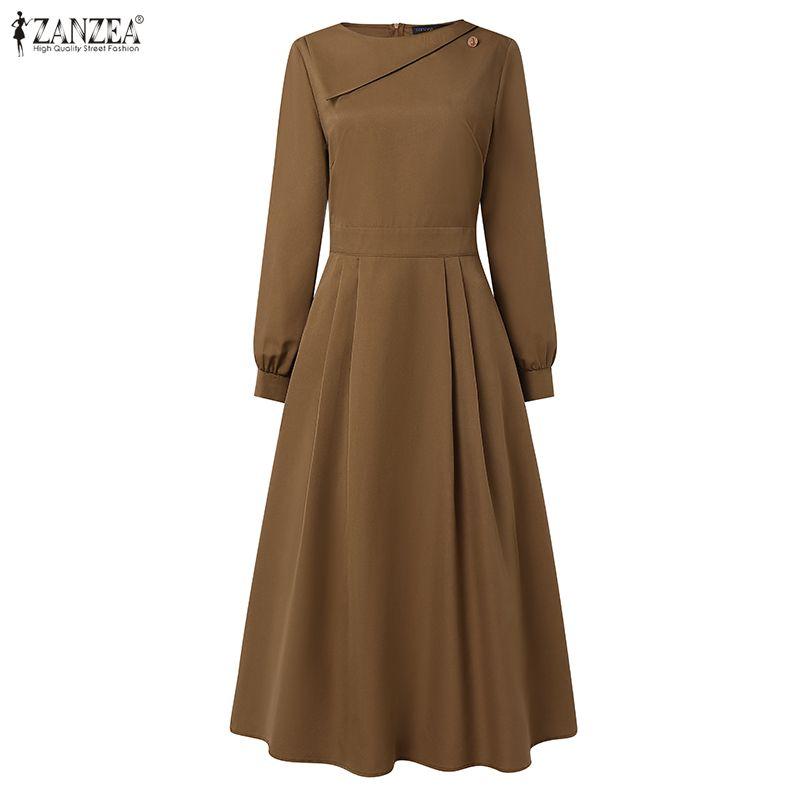 ZANZEA Women Casual Round Neck Elegant Long Sleeve A-Line Dress