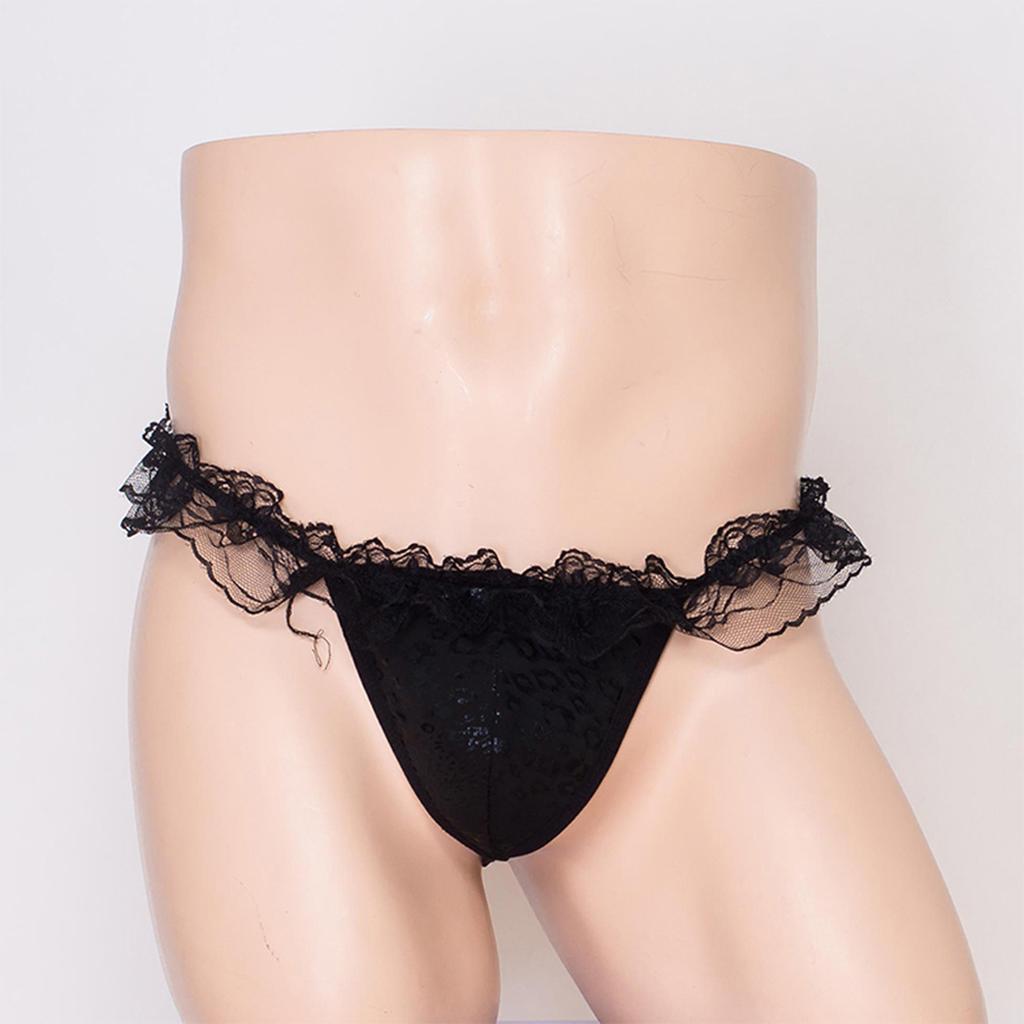 Men'S Lingerie Lace Frilly Sissy Thong G-String Low Rise Leopard Bikini Briefs Sissy Pouch Panties Gay Crossdressers Underwear