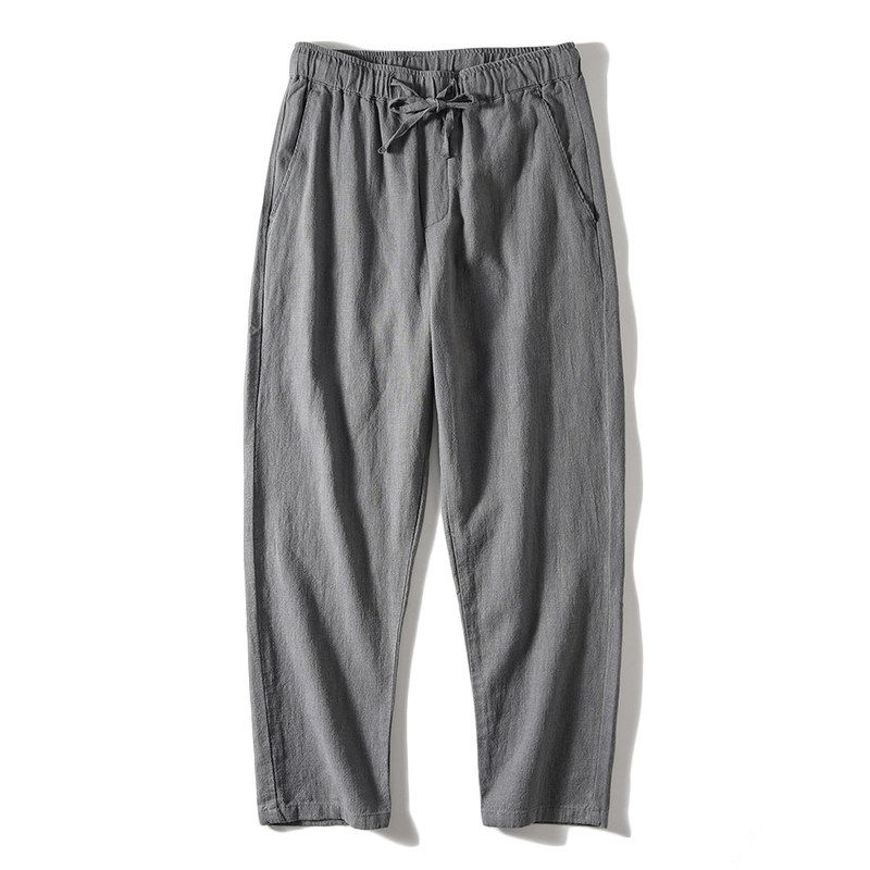 Foreign Trade Export Surplus Natural Ramie Fabric Comfortable Summer Casual Pants for Men with Elastic Waist, Thin Straight-Leg Pants