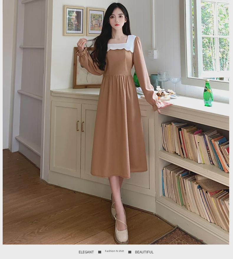 Women's 2024 Spring/Autumn French Style Square Collar Splicing Tea-Length Dress