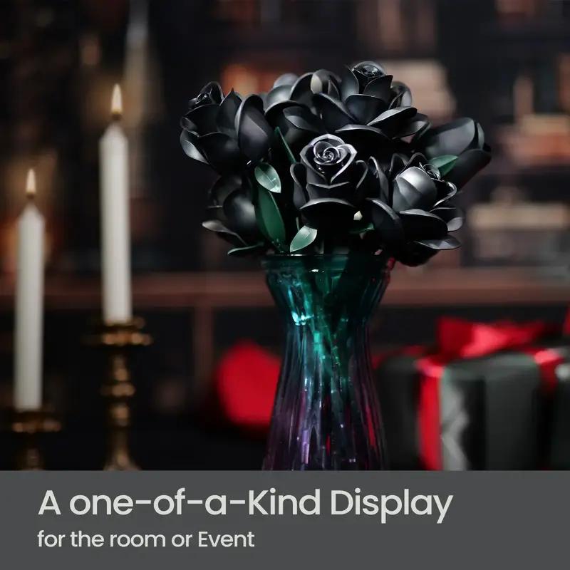 New 12 PCS Black Rose Building Block Set Plant Bouquet High Quality Simulated Roses Flowers Gothic Decoration Mother's Day Gifts