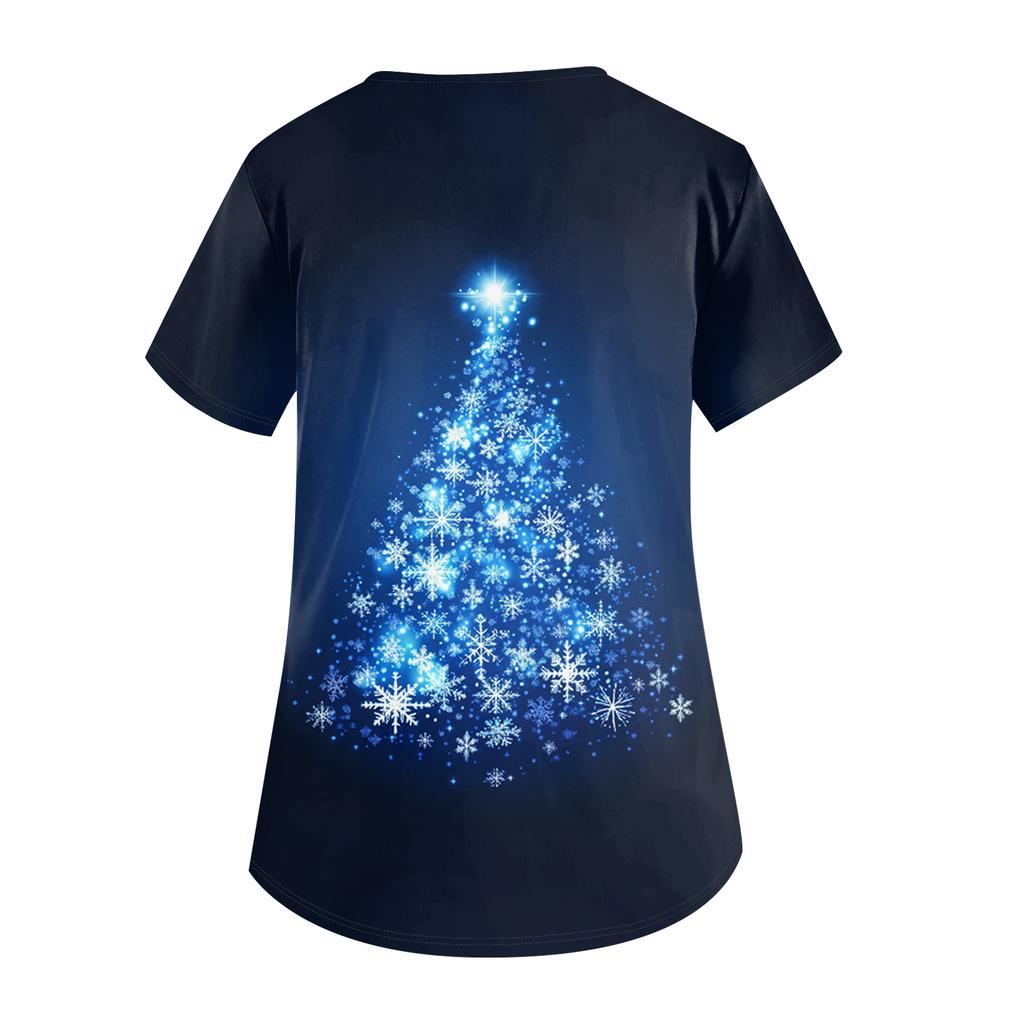 Women's V-neck Christmas Print Short-sleeved Pocket Side Slit Uniform Top