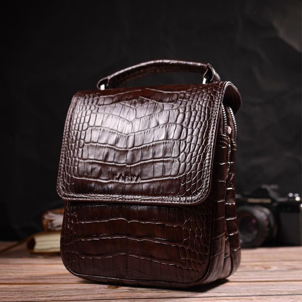 Men's Vertical Bag Made of Genuine Leather with Crocodile Embossing KARYA 21946 Brown