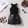 Children Clothing Summer New Girls Knitting Vest Top + PU Leather Shorts Skirt 2 Pieces Suit for Kids Fashion Clothes Outfit