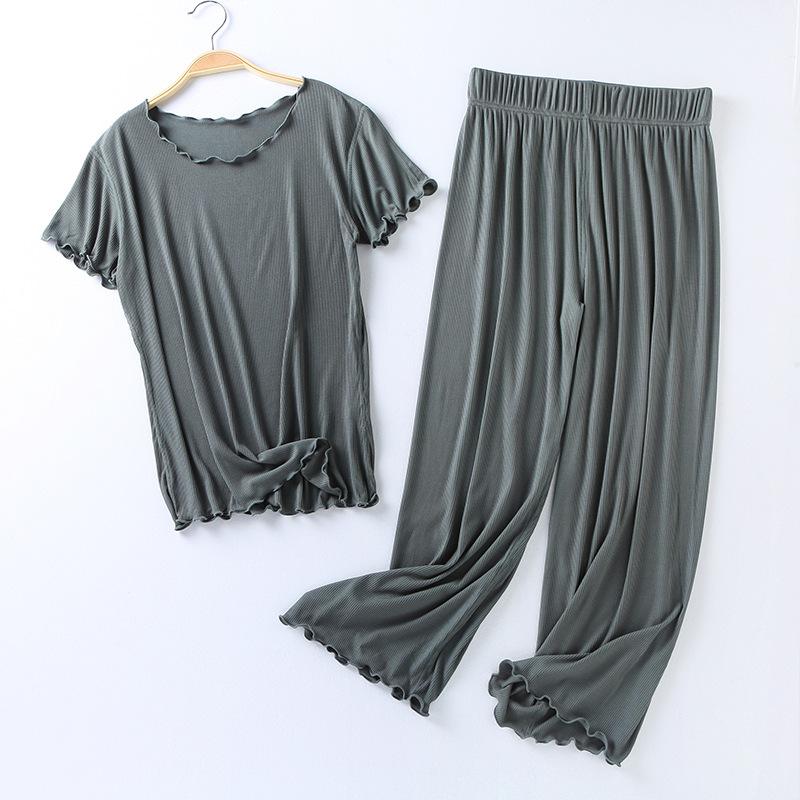 Japanese Summer Ladies Cotton Modal Short-sleeved Nine-point Pants Suit Home Service Suit Women's Large Size Home